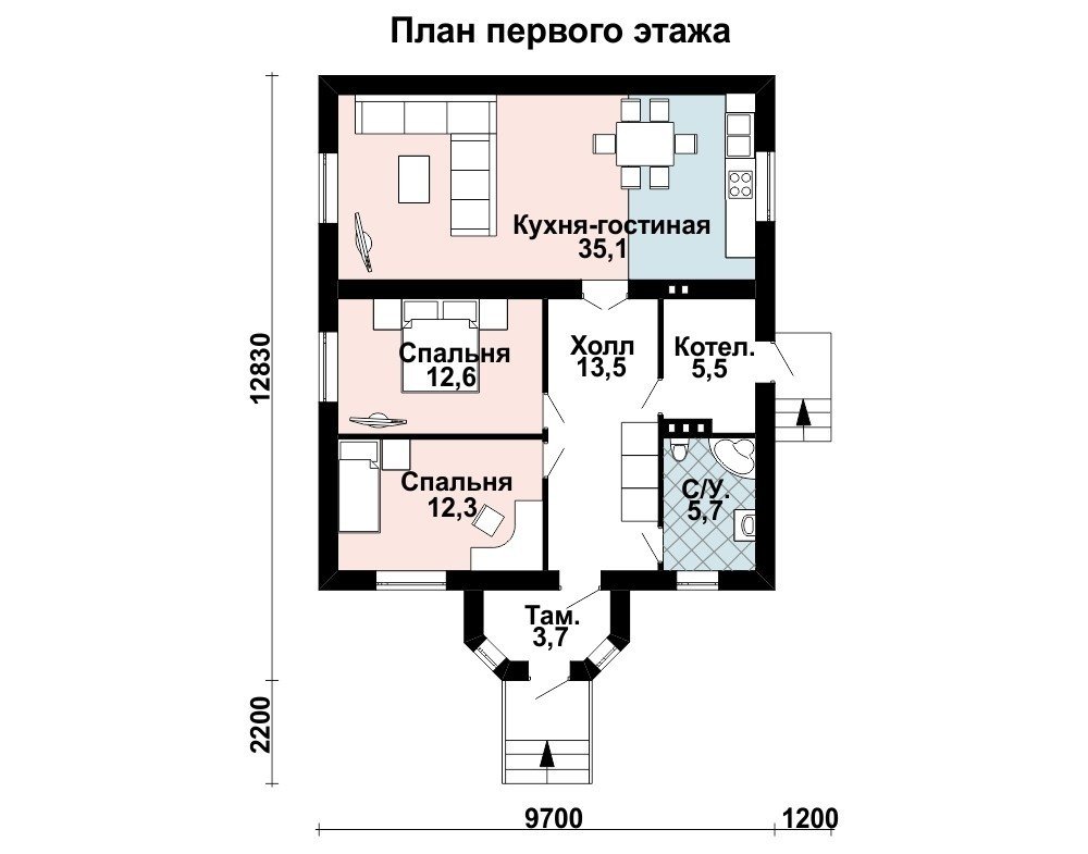 Планировка одноэтажного дома «Добрый дом 1» с двумя спальнями и кухней-гостиной