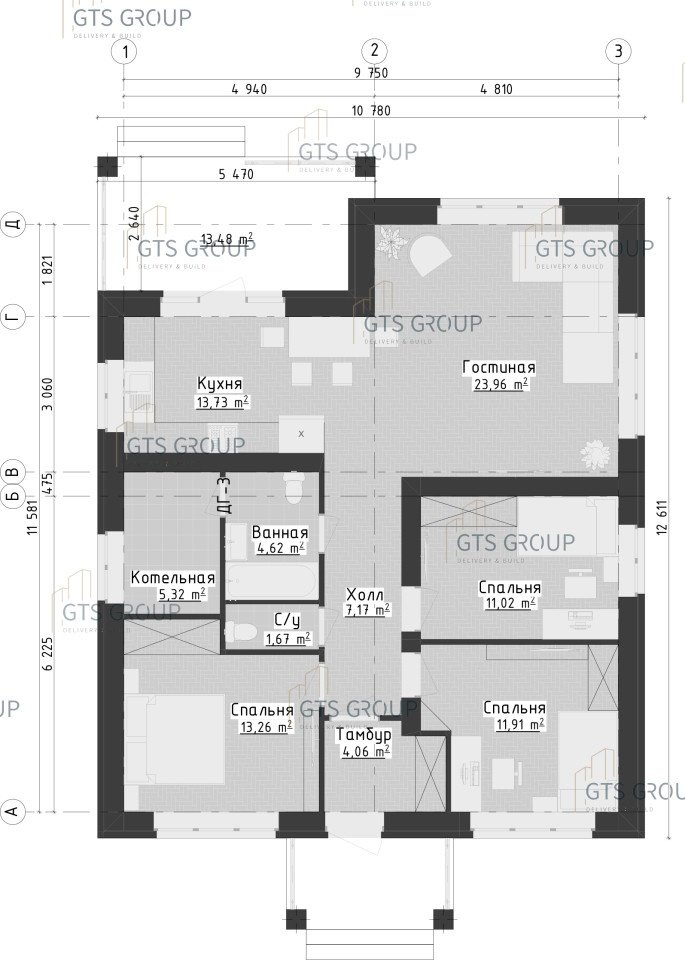 Планировка дома «Лилия» 136 м² с тремя спальнями, кухней и гостиной