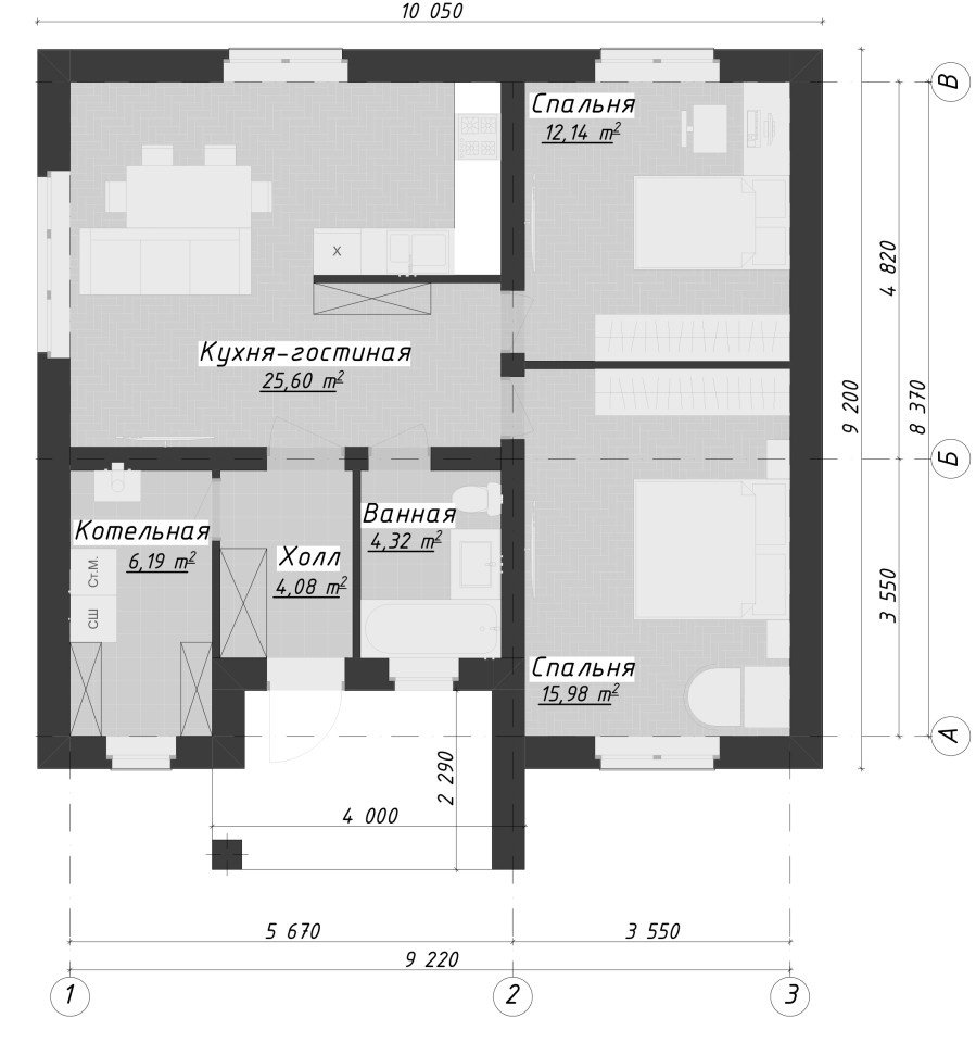 Планировка дома «Нобилис» 93 м² с двумя спальнями и кухней-гостиной