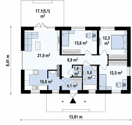 Планировка одноэтажного дома Z241 115 м² с тремя спальнями